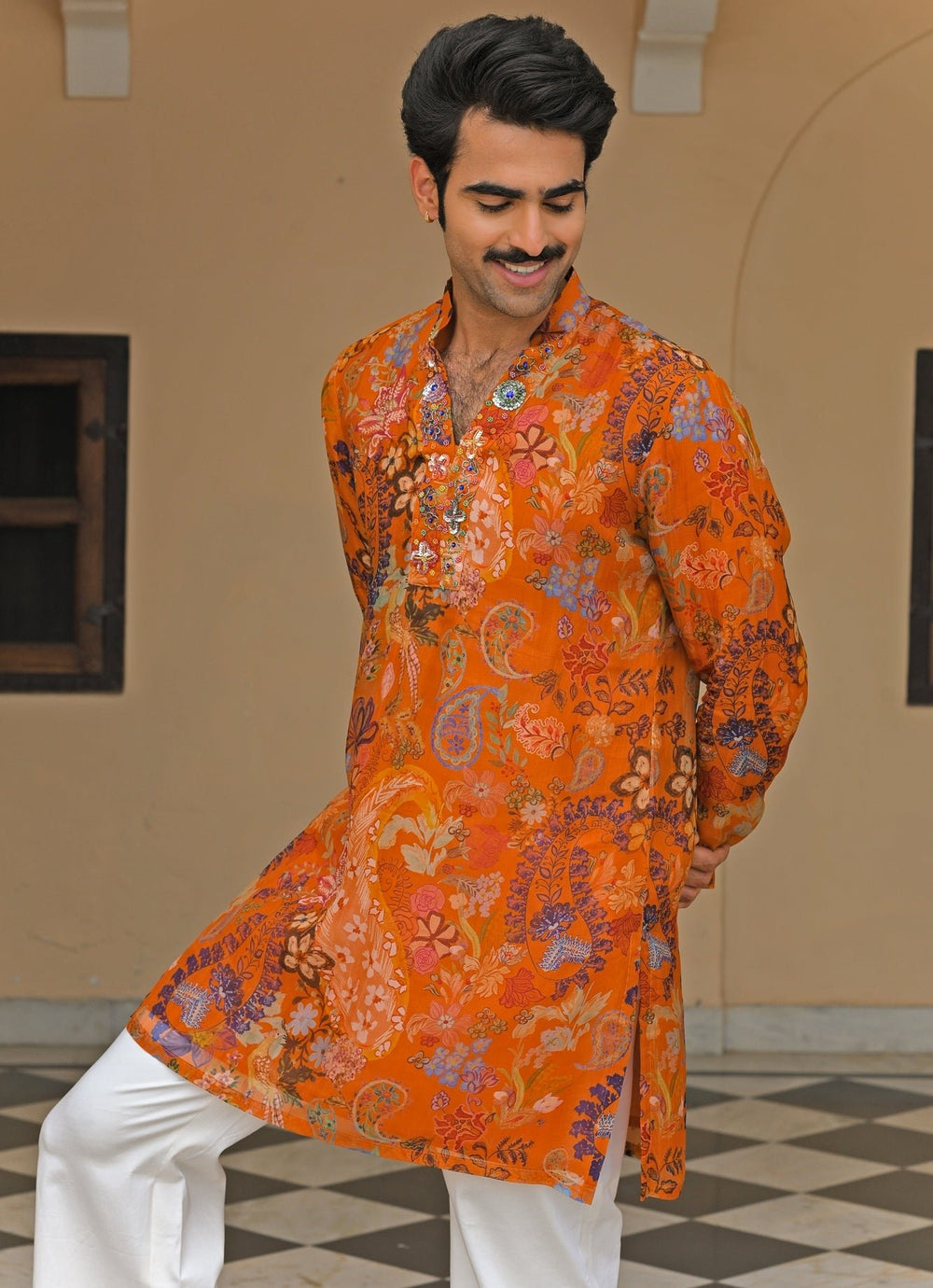 Orange Printed Organza Kurta Juhi Bengani - Men - Fabilicious Fashion