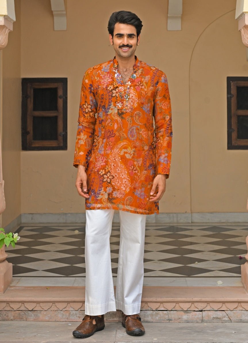 Orange Printed Organza Kurta Juhi Bengani - Men - Fabilicious Fashion