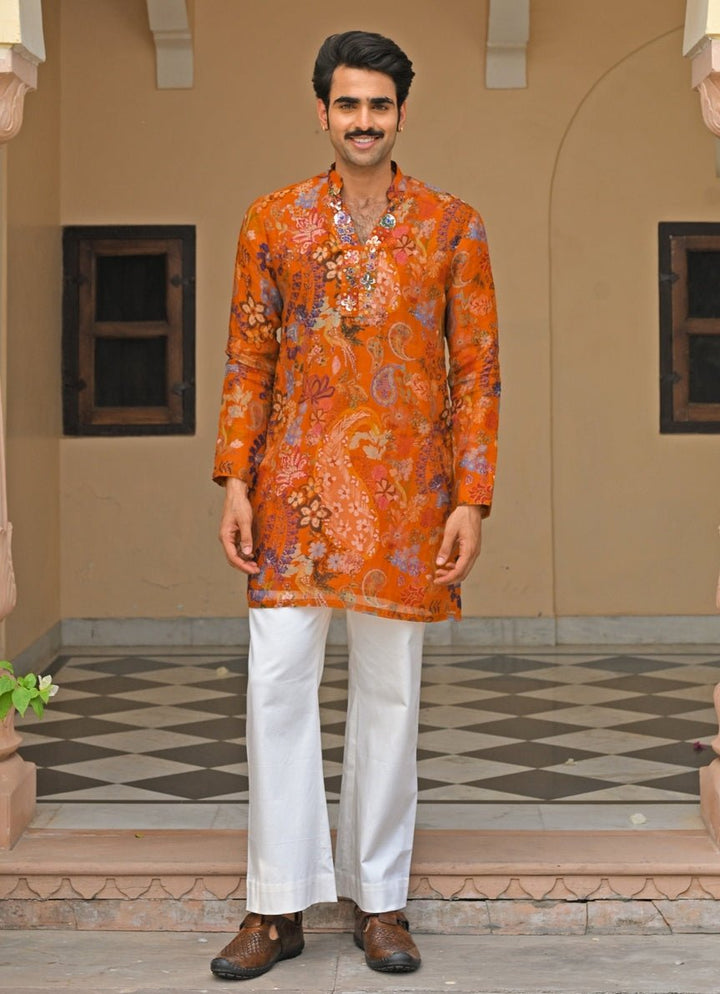 Orange Printed Organza Kurta Juhi Bengani - Men - Fabilicious Fashion