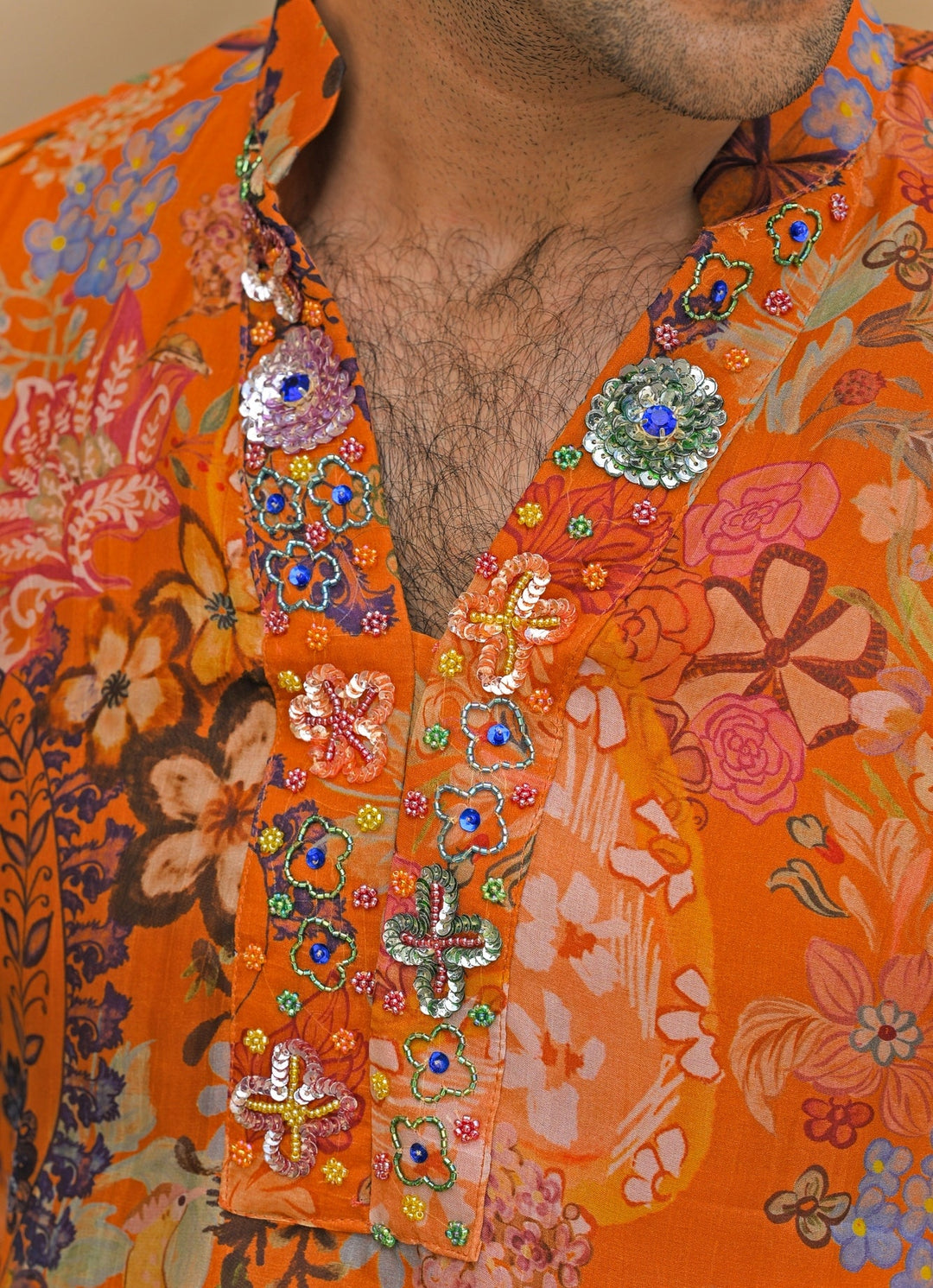 Orange Printed Organza Kurta Juhi Bengani - Men - Fabilicious Fashion