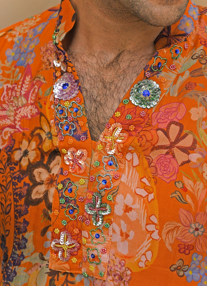 Orange Printed Organza Kurta Juhi Bengani - Men - Fabilicious Fashion