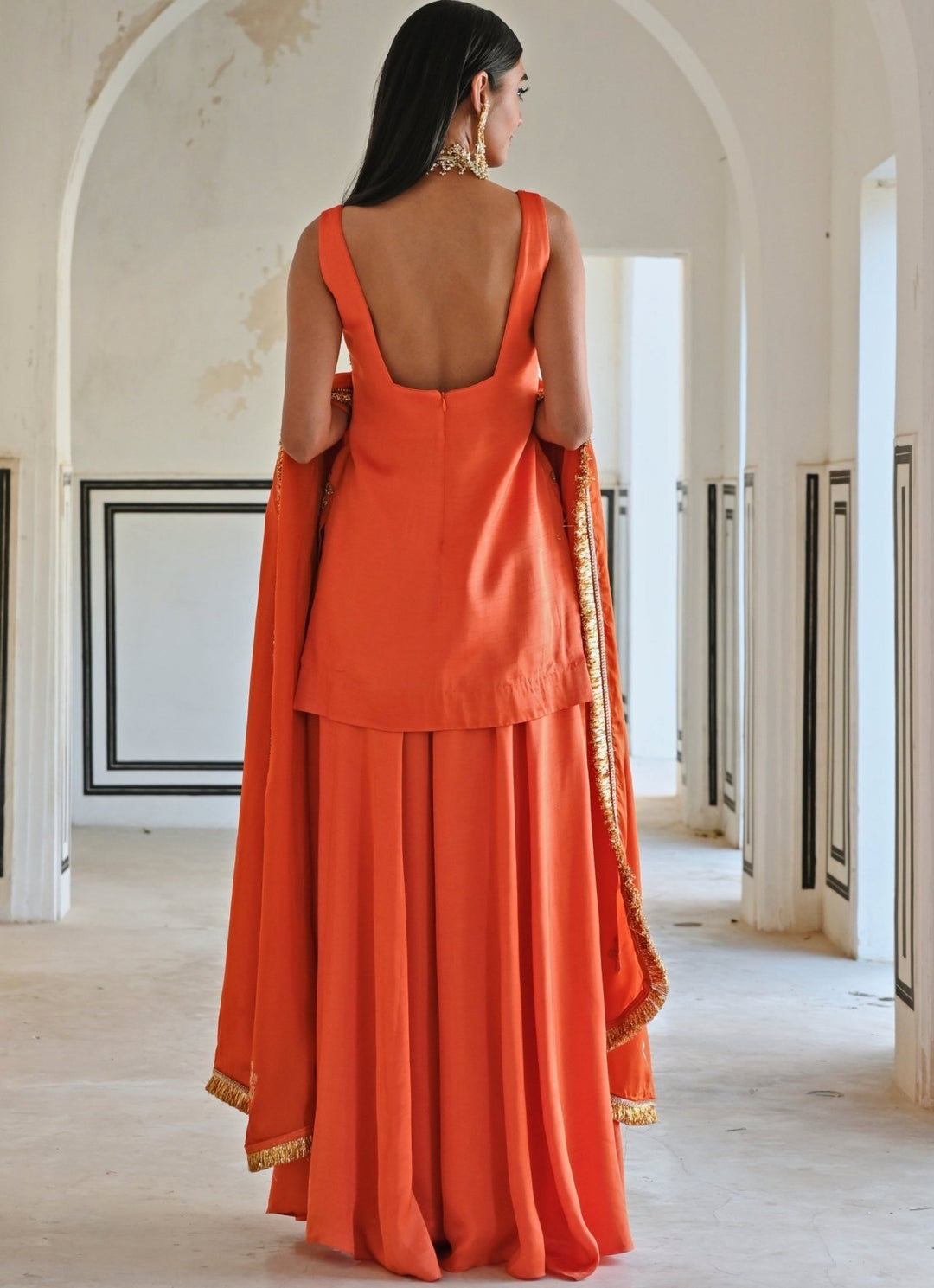 Orange Satin Embroidered Kurta Palazzo Set Ease - Fabilicious Fashion