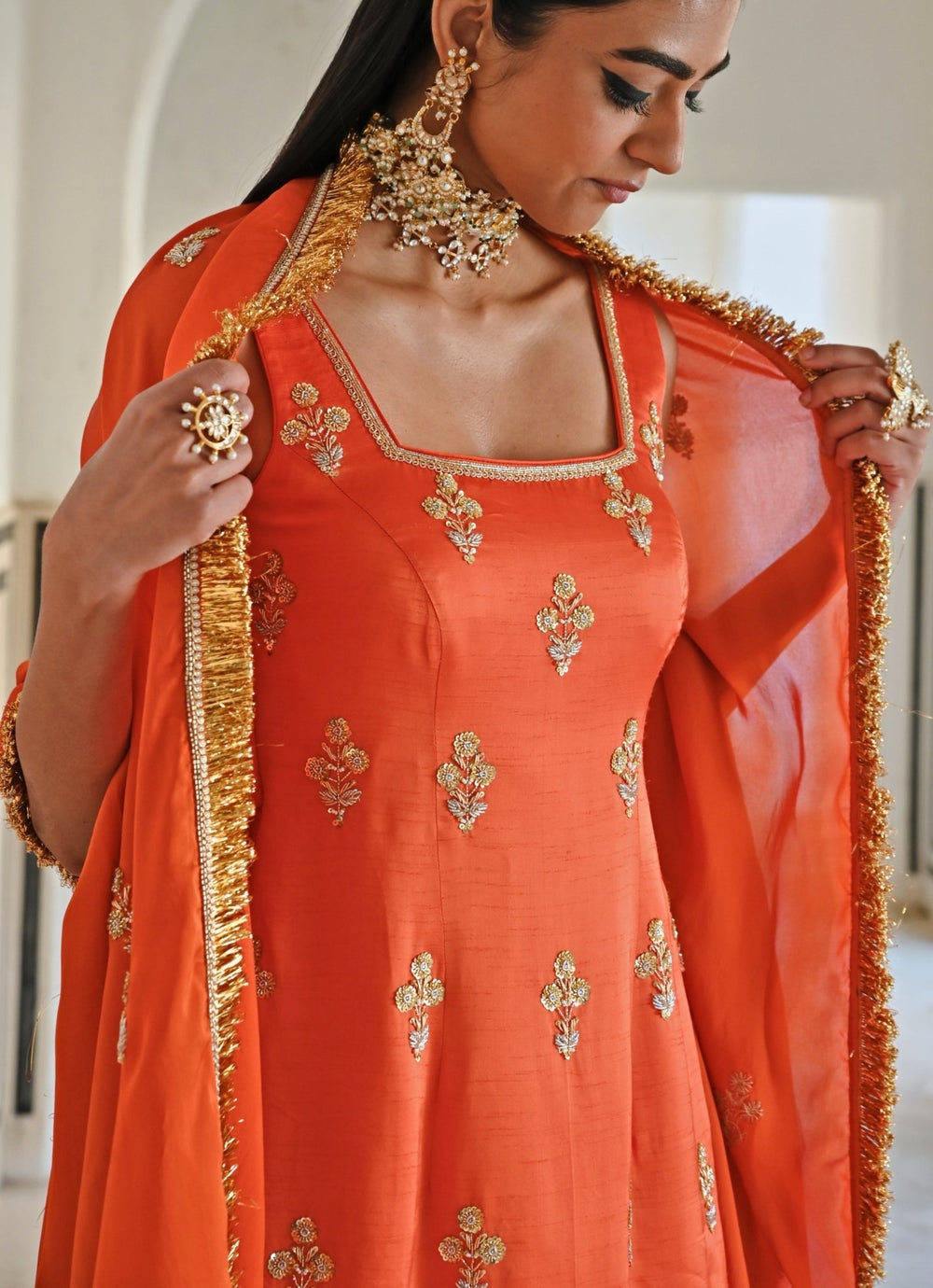 Orange Satin Embroidered Kurta Palazzo Set Ease - Fabilicious Fashion