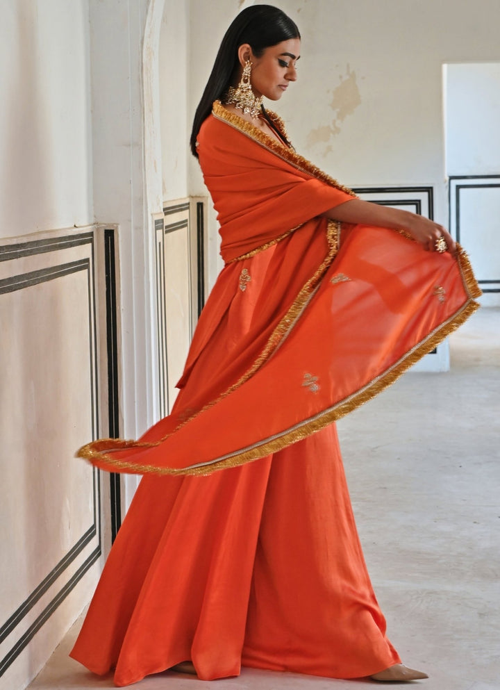 Orange Satin Embroidered Kurta Palazzo Set Ease - Fabilicious Fashion