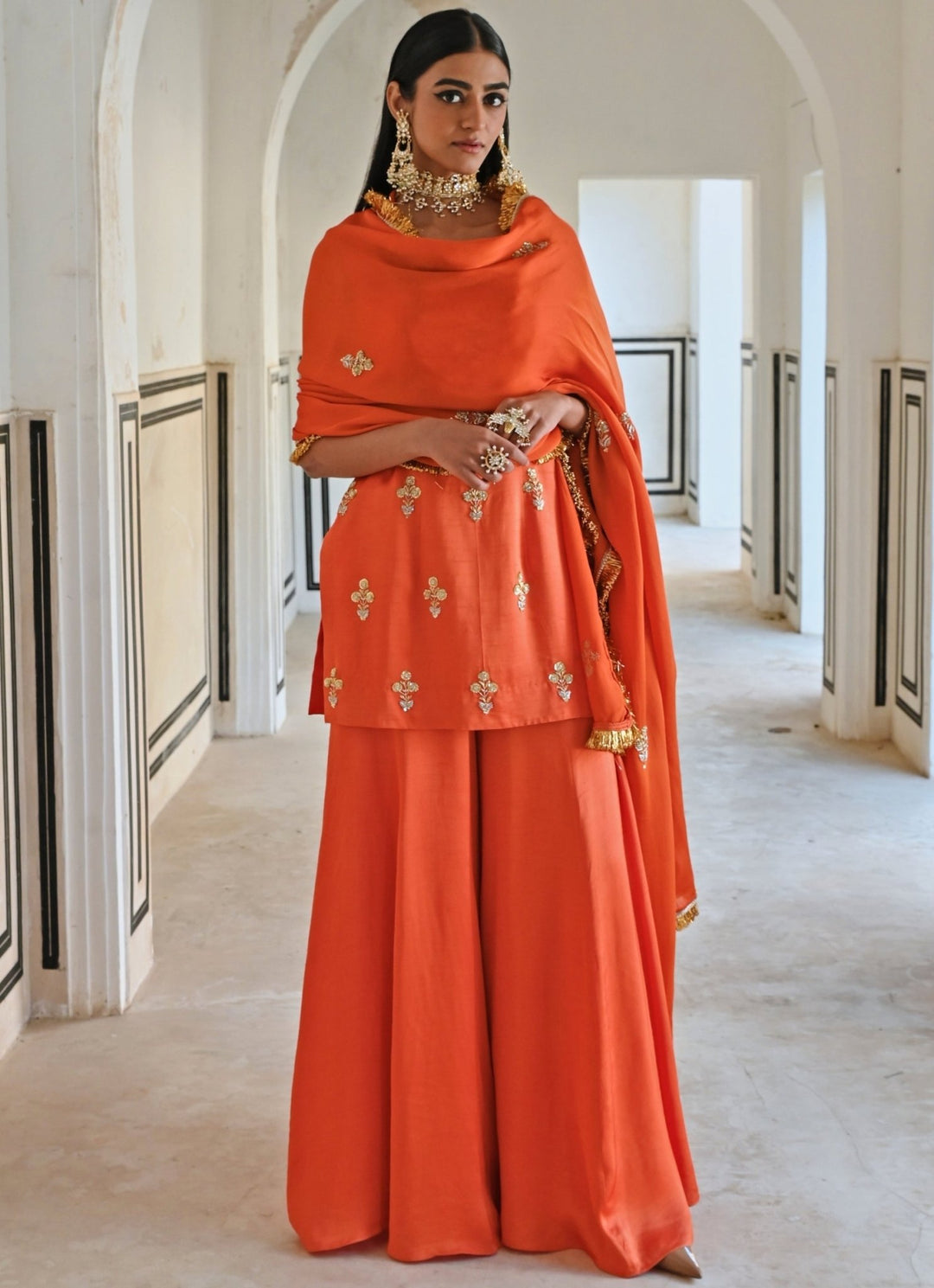 Orange Satin Embroidered Kurta Palazzo Set Ease - Fabilicious Fashion
