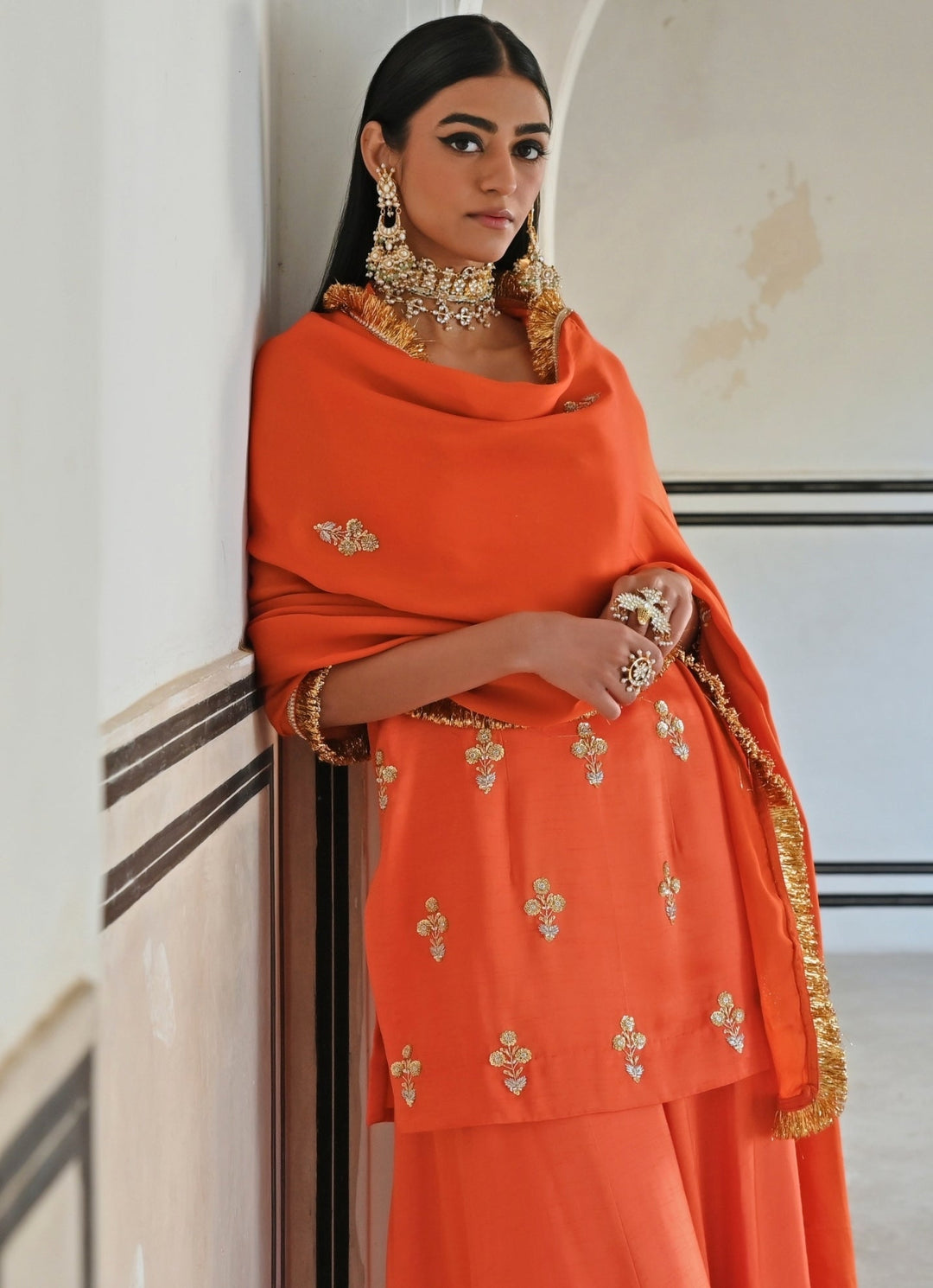 Orange Satin Embroidered Kurta Palazzo Set Ease - Fabilicious Fashion