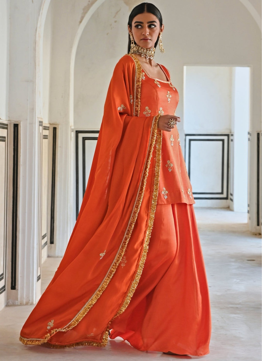 Orange Satin Embroidered Kurta Palazzo Set Ease - Fabilicious Fashion