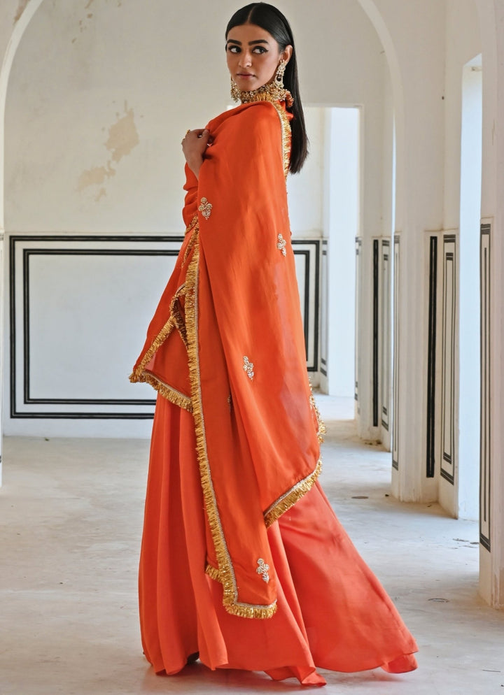 Orange Satin Embroidered Kurta Palazzo Set Ease - Fabilicious Fashion