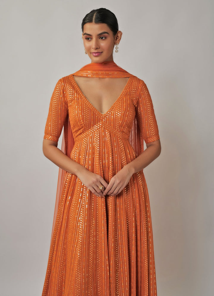 Orange Sequin Embroidered Anarkali Set Renee Label - Fabilicious Fashion