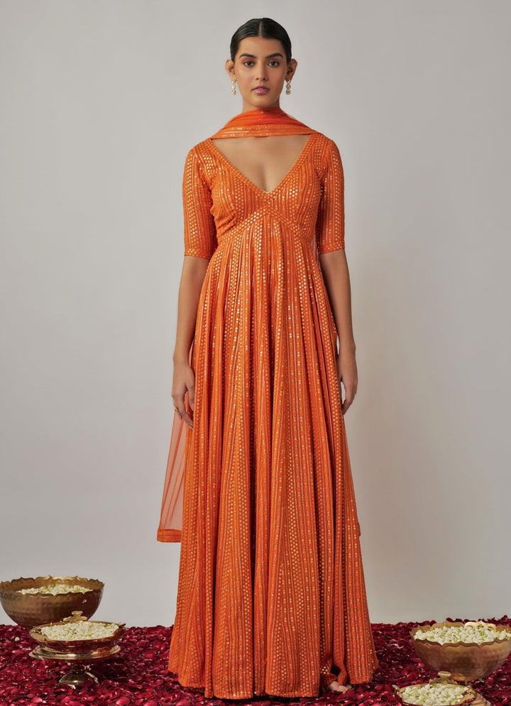 Orange Sequin Embroidered Anarkali Set Renee Label - Fabilicious Fashion