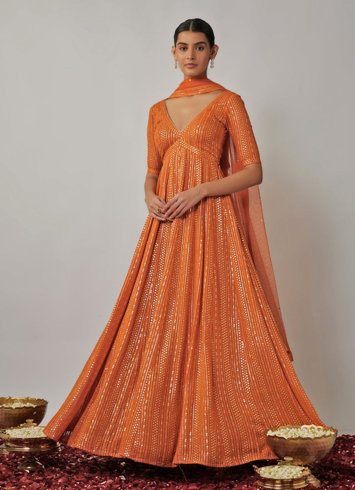 Orange Sequin Embroidered Anarkali Set Renee Label - Fabilicious Fashion