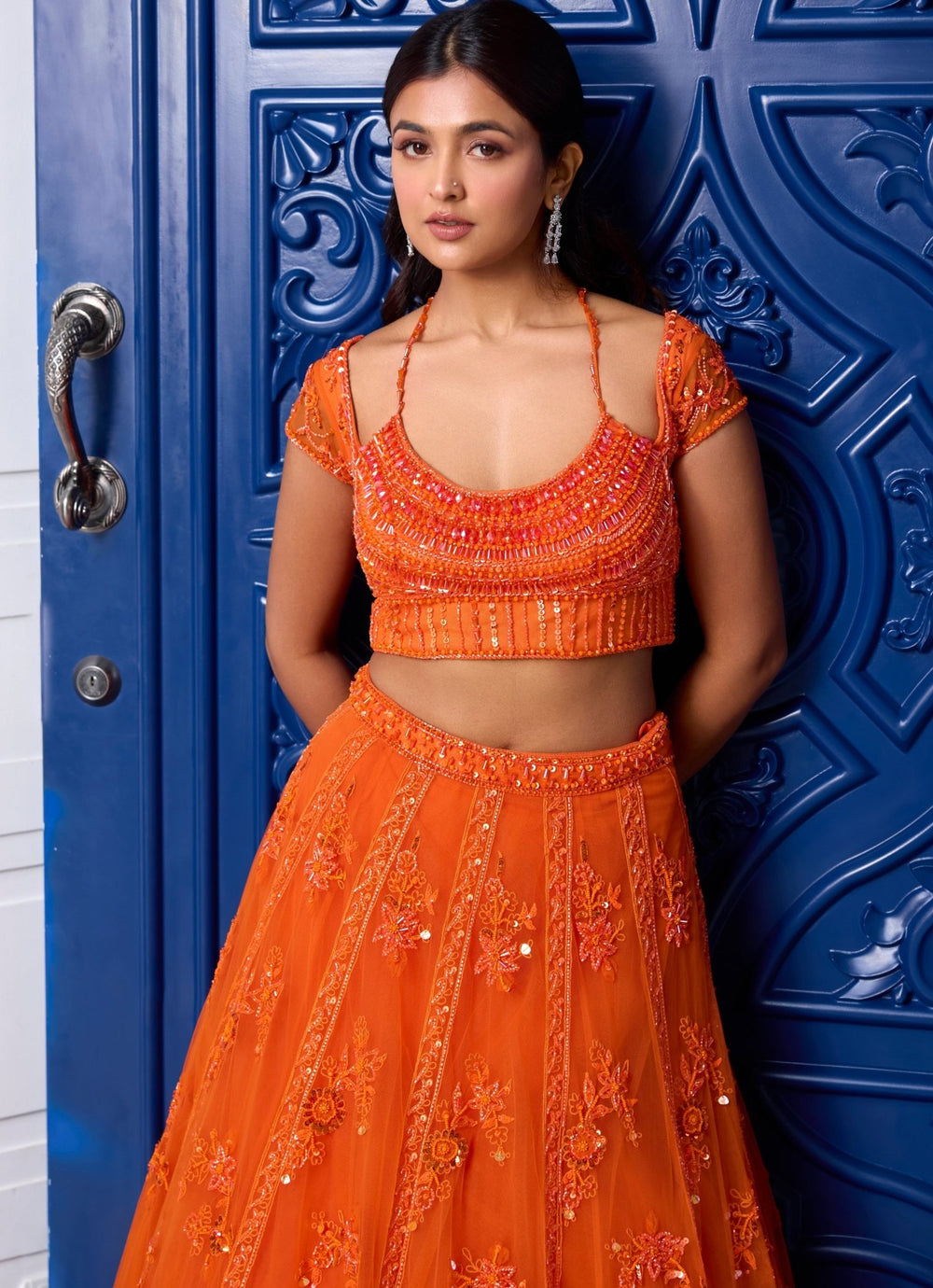Orange Sequins Embroidered Net Lehenga Set Sanya Gulati - Fabilicious Fashion
