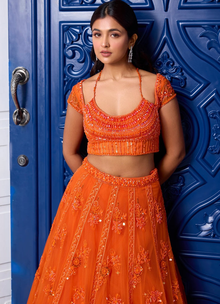 Orange Sequins Embroidered Net Lehenga Set Sanya Gulati - Fabilicious Fashion