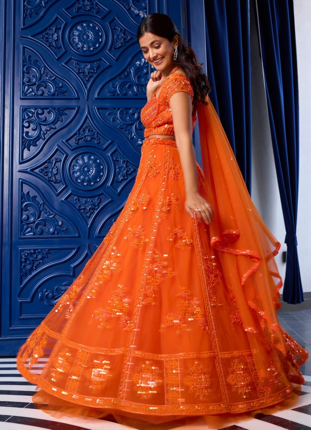 Orange Sequins Embroidered Net Lehenga Set Sanya Gulati - Fabilicious Fashion