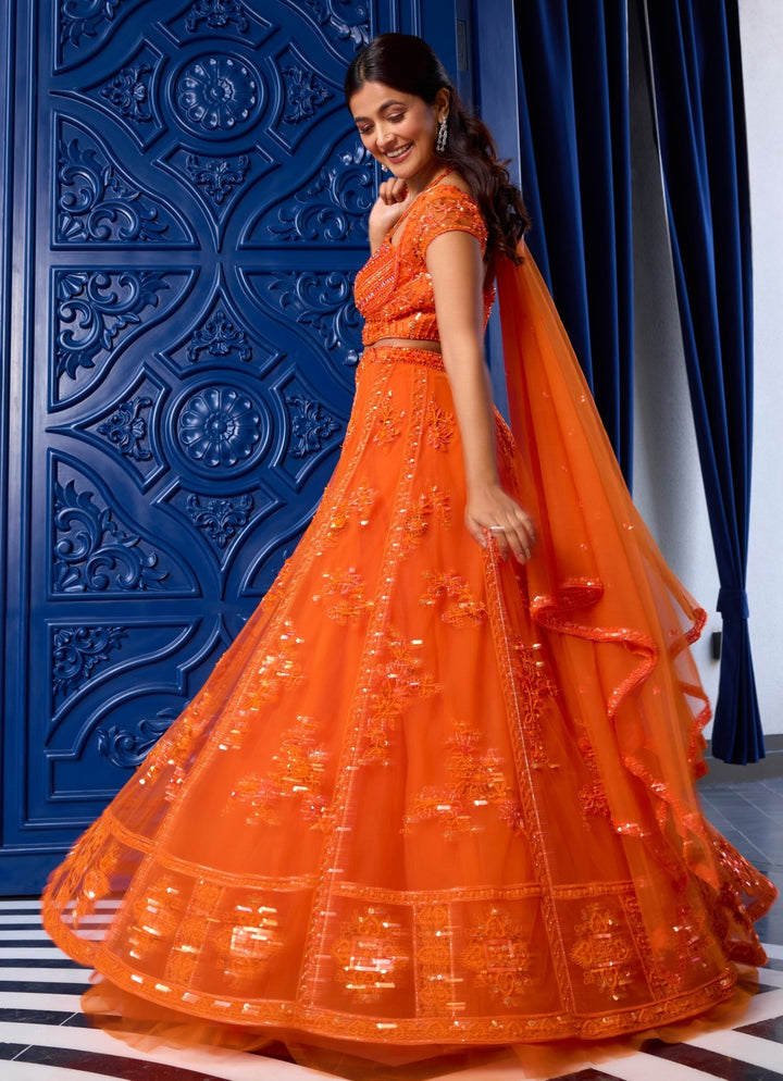 Orange Sequins Embroidered Net Lehenga Set Sanya Gulati - Fabilicious Fashion