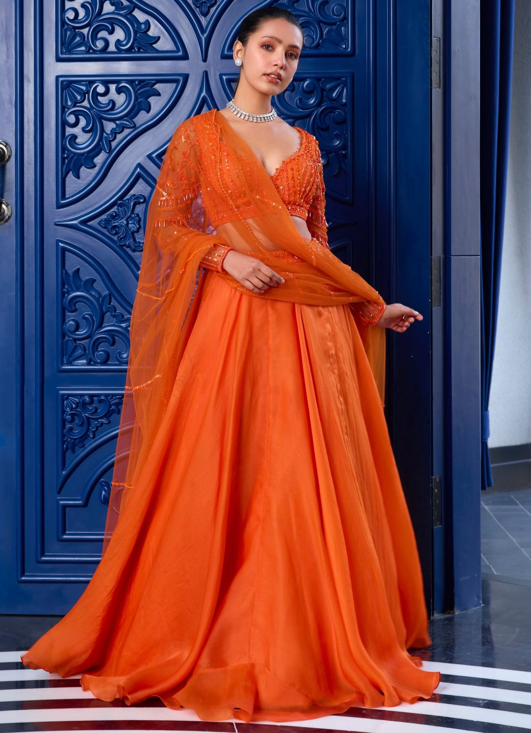 Orange Sequins Embroidered Organza Lehenga Set Sanya Gulati - Fabilicious Fashion