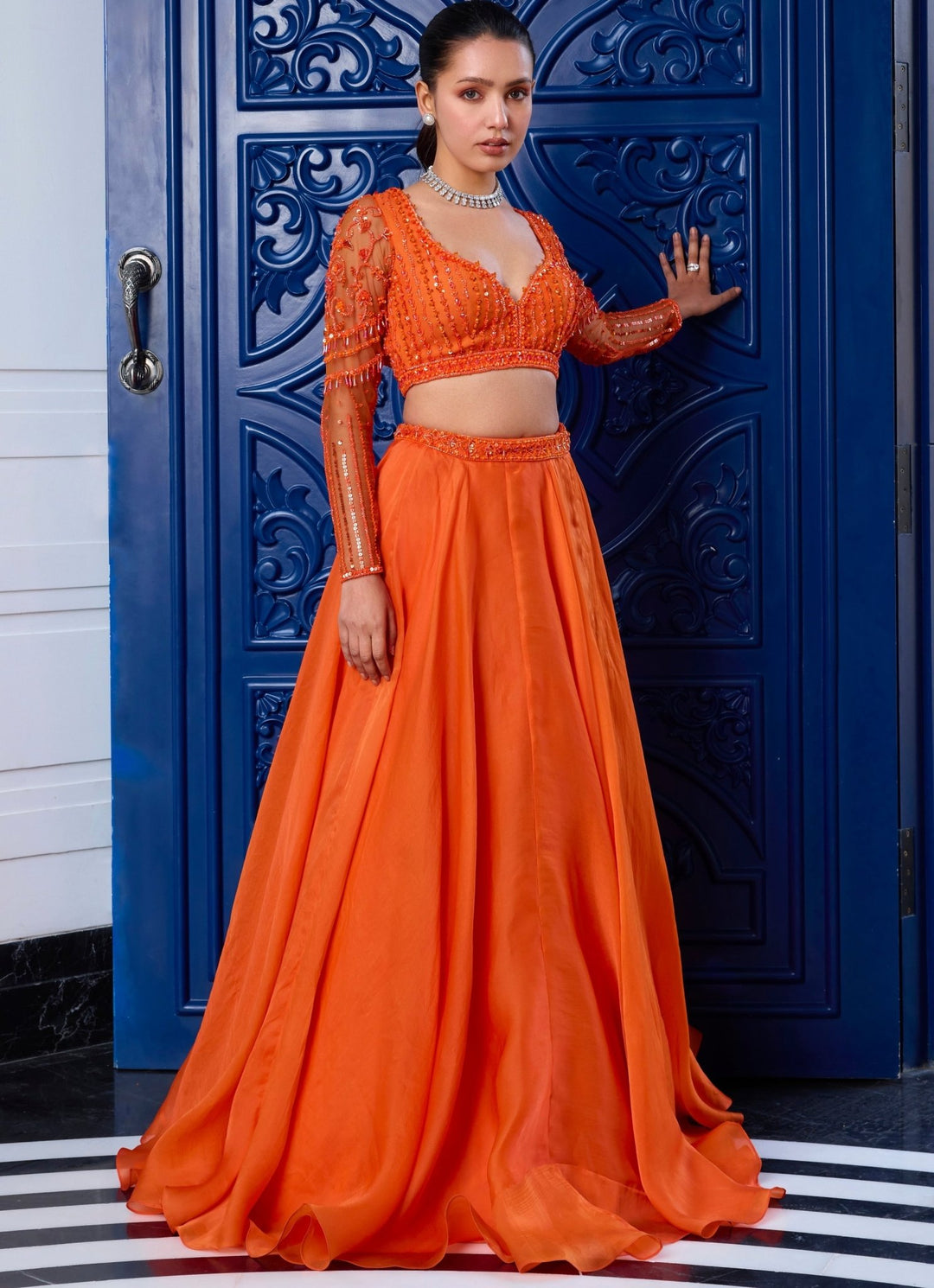 Orange Sequins Embroidered Organza Lehenga Set Sanya Gulati - Fabilicious Fashion