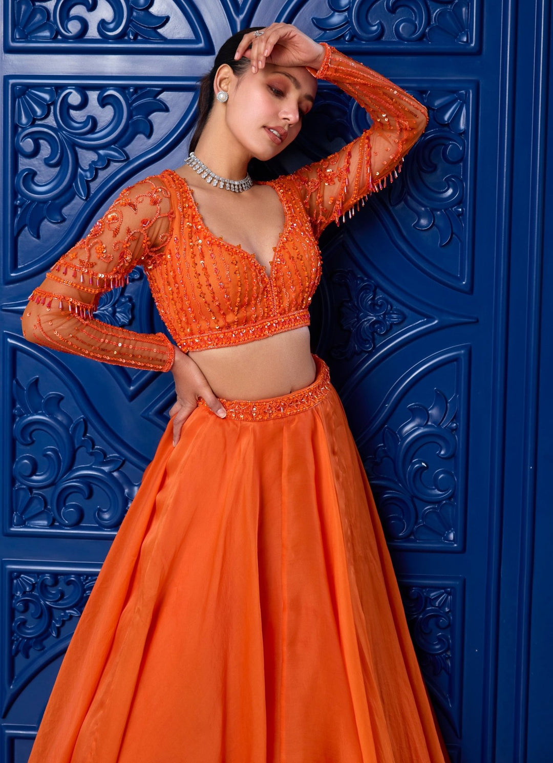 Orange Sequins Embroidered Organza Lehenga Set Sanya Gulati - Fabilicious Fashion