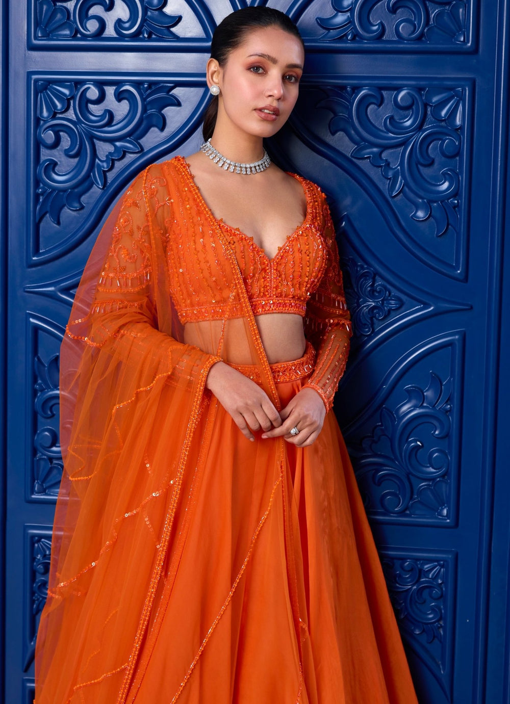 Orange Sequins Embroidered Organza Lehenga Set Sanya Gulati - Fabilicious Fashion