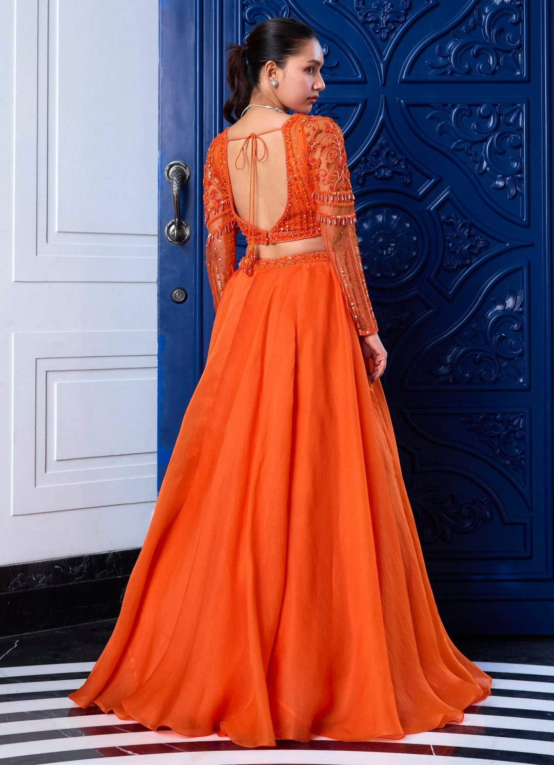 Orange Sequins Embroidered Organza Lehenga Set Sanya Gulati - Fabilicious Fashion
