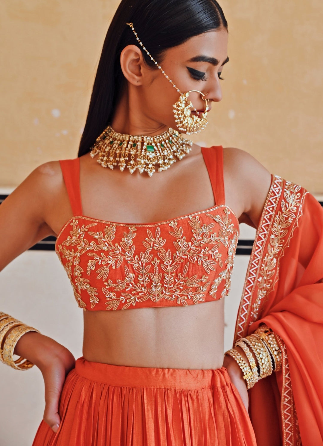 Orange Silk Embroidered Lehenga Set Ease - Fabilicious Fashion
