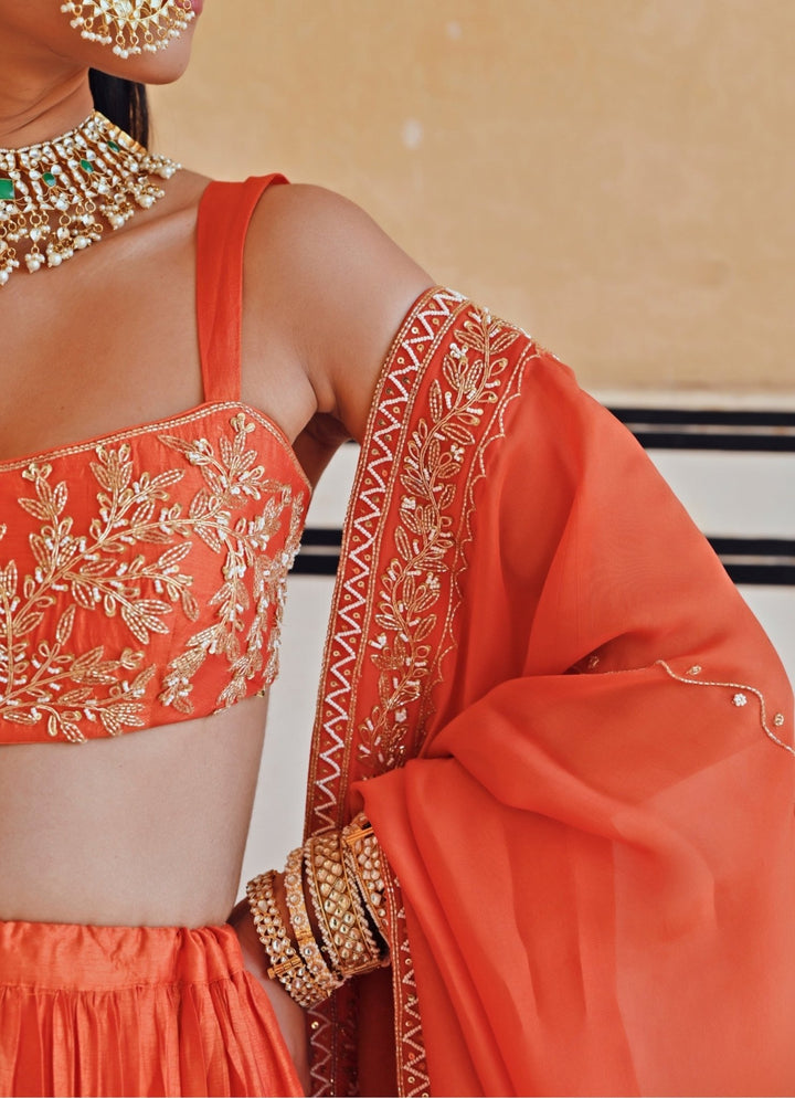 Orange Silk Embroidered Lehenga Set Ease - Fabilicious Fashion