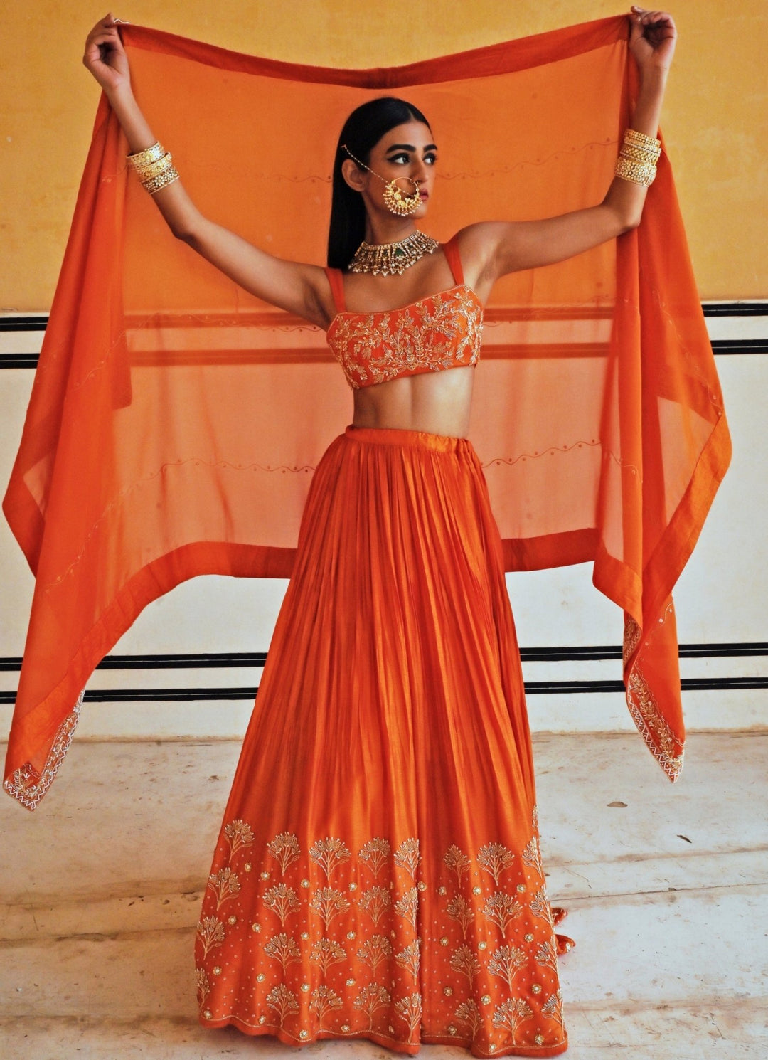Orange Silk Embroidered Lehenga Set Ease - Fabilicious Fashion