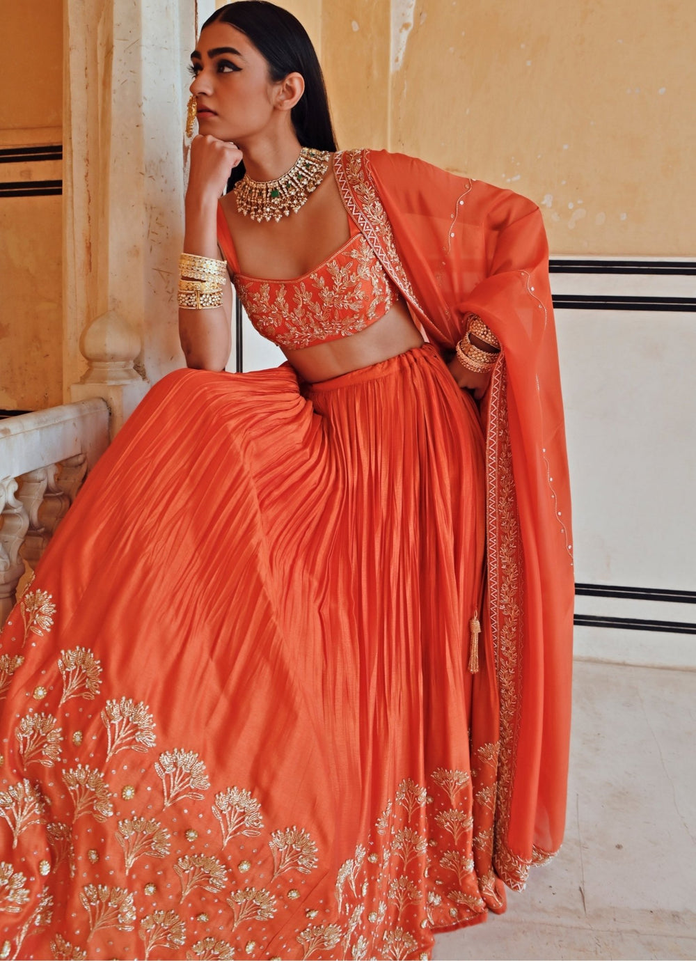 Orange Silk Embroidered Lehenga Set Ease - Fabilicious Fashion