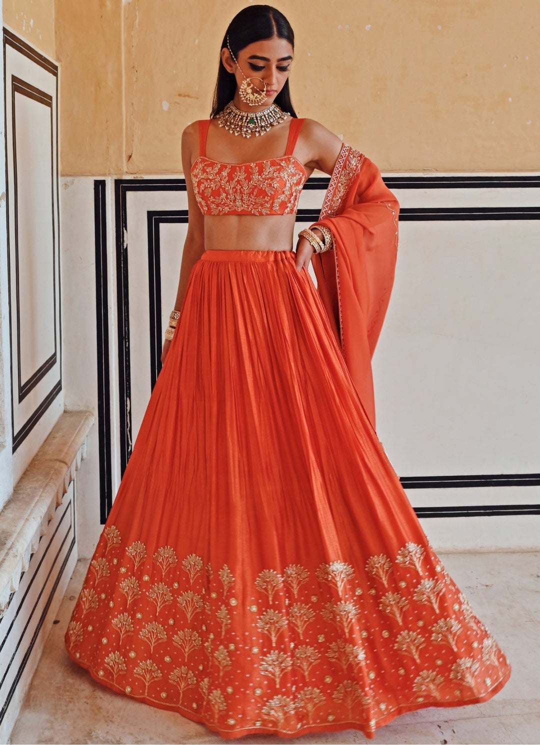 Orange Silk Embroidered Lehenga Set Ease - Fabilicious Fashion