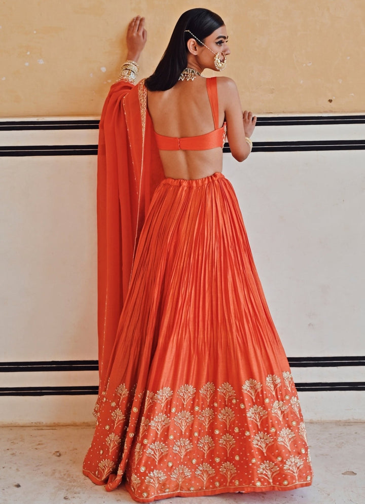 Orange Silk Embroidered Lehenga Set Ease - Fabilicious Fashion