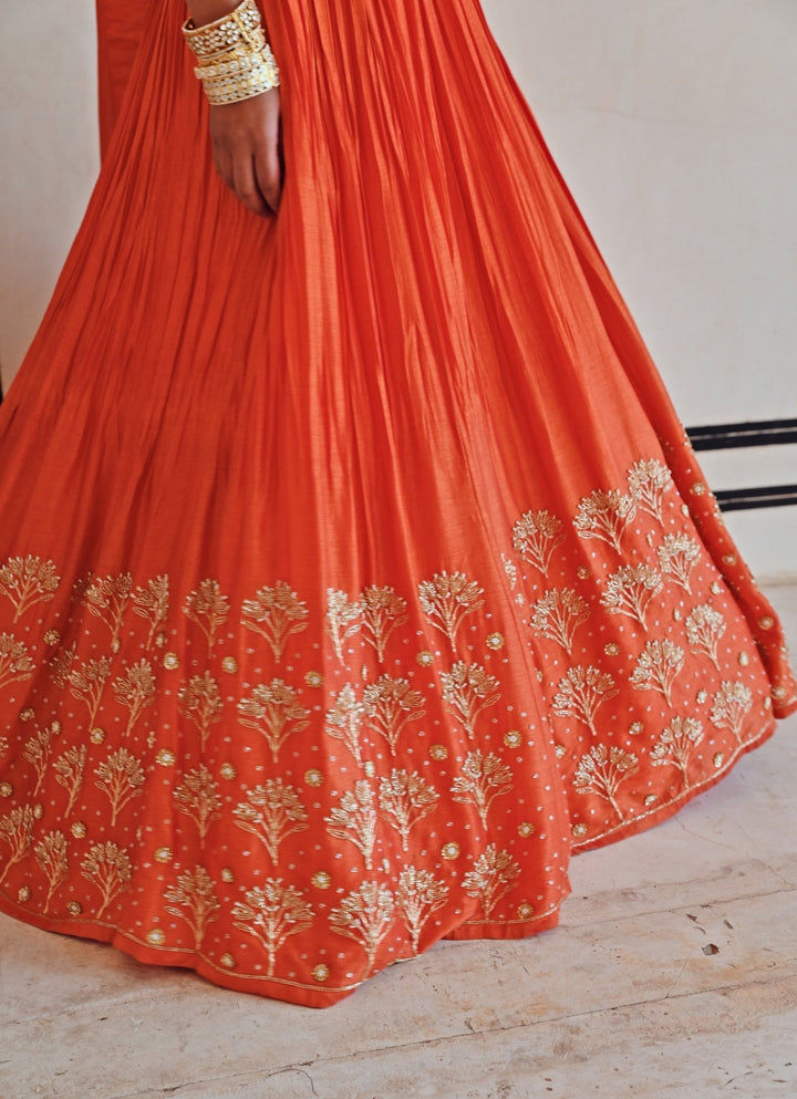 Orange Silk Embroidered Lehenga Set Ease - Fabilicious Fashion