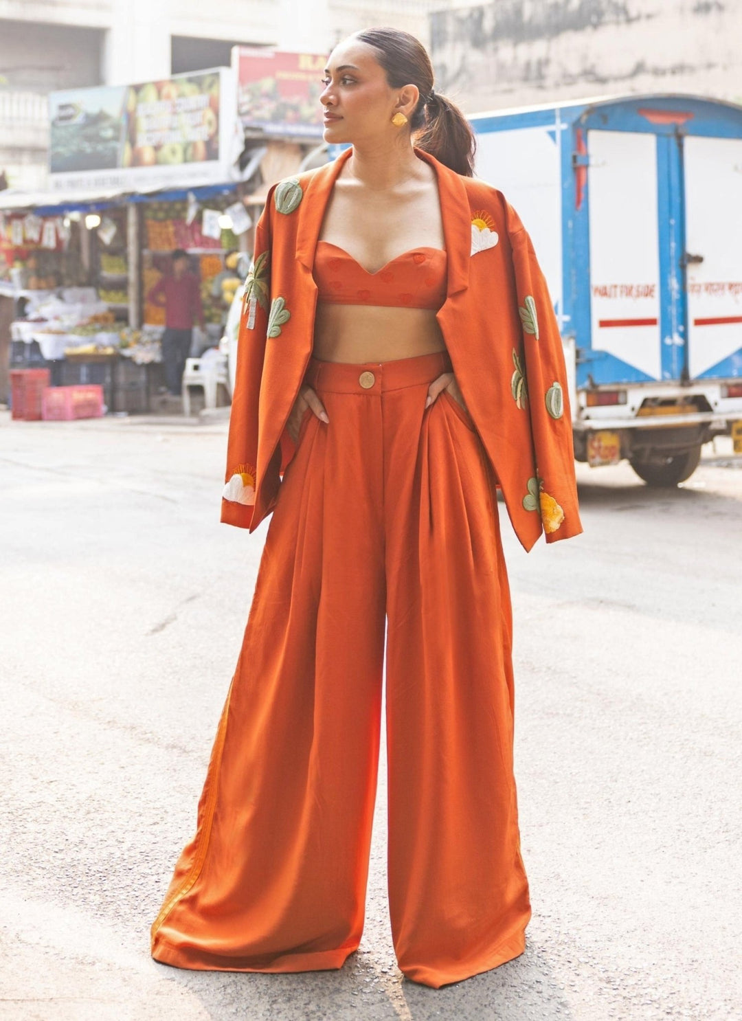 The Little Black Bow Orange Silk Jacket Pants SetFabilicious Fashion