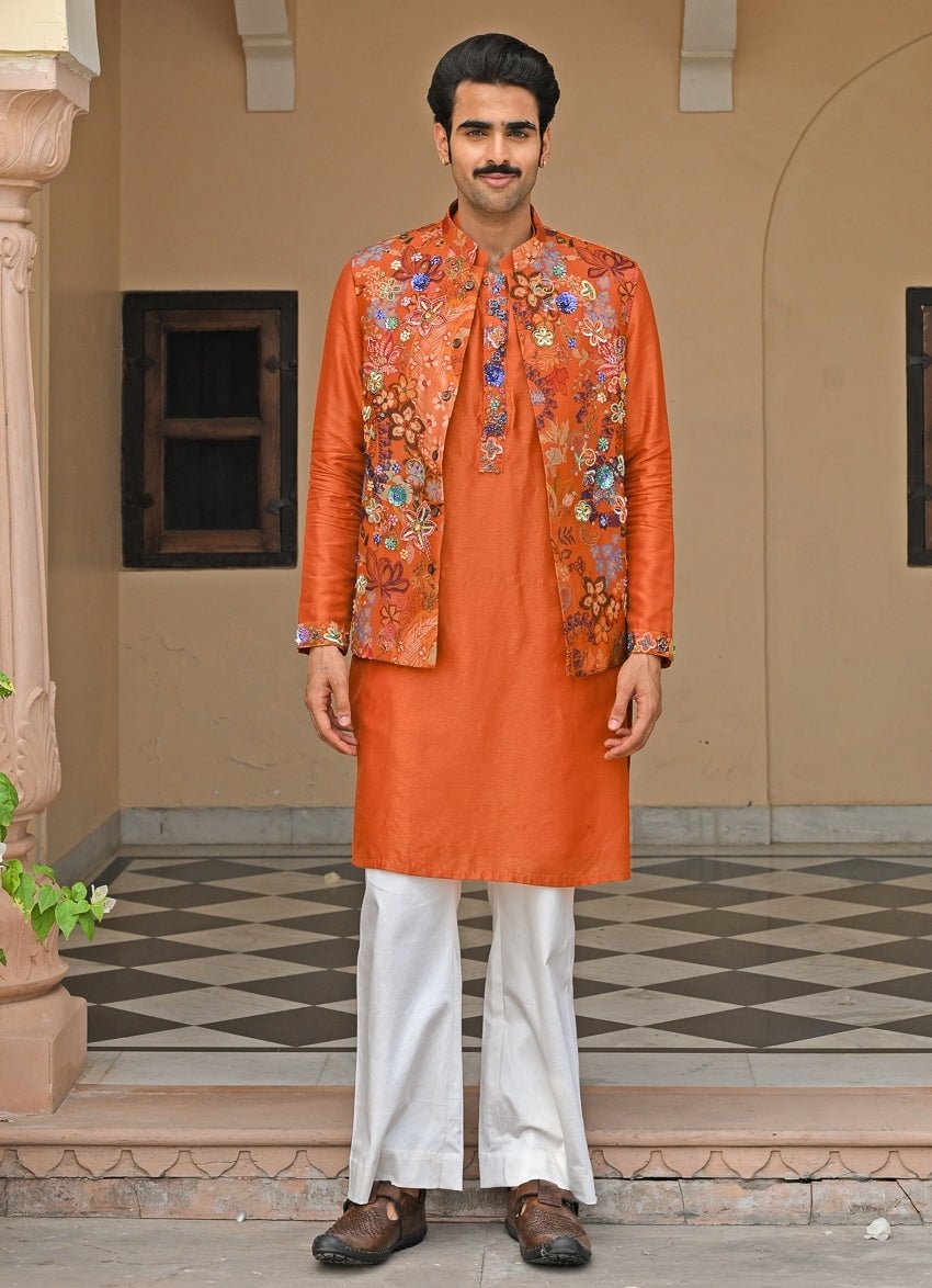 Orange Silk Kurta Pants Set with Bundi Juhi Bengani - Men - Fabilicious Fashion