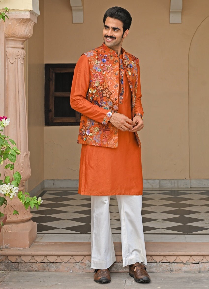 Orange Silk Kurta Pants Set with Bundi Juhi Bengani - Men - Fabilicious Fashion