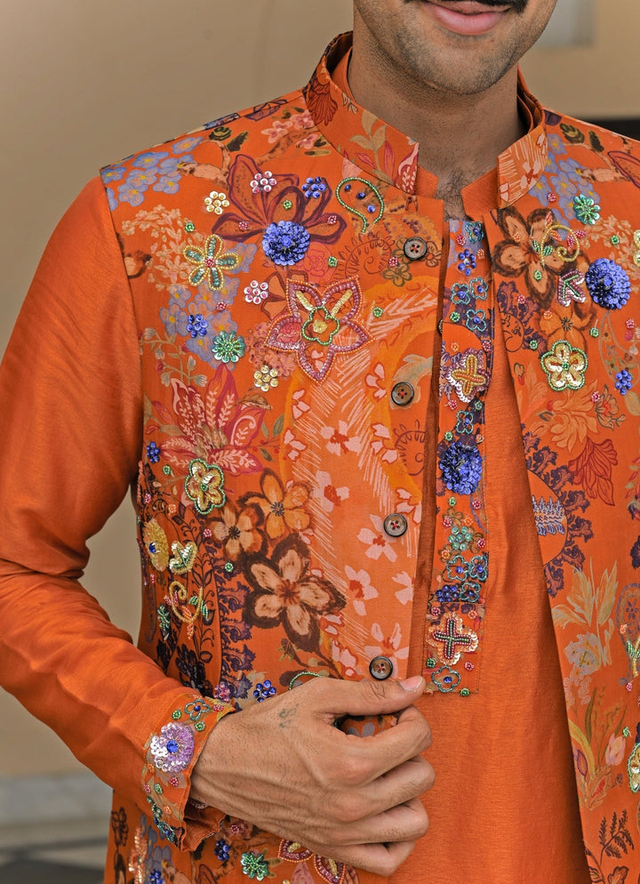 Juhi Bengani - Men Orange Silk Kurta Pants Set with BundiFabilicious Fashion