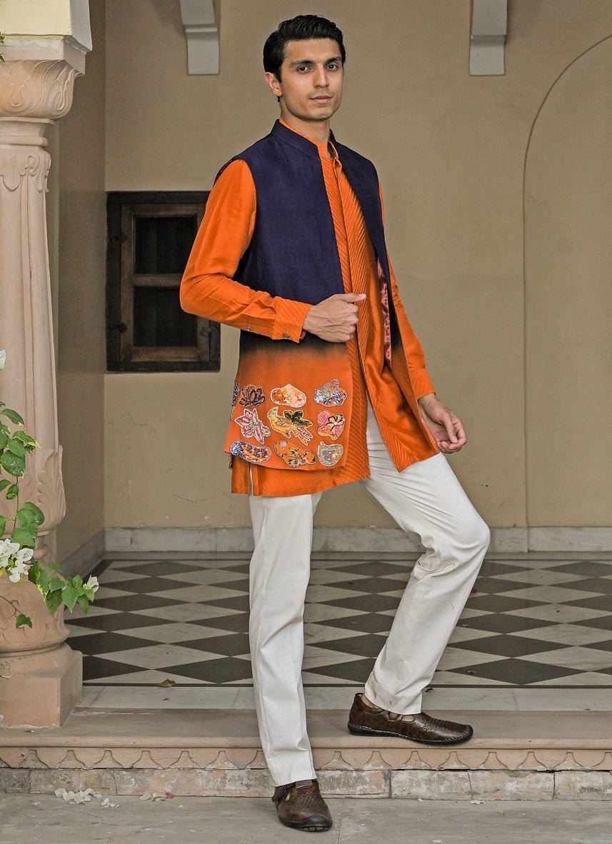 Juhi Bengani - Men Orange Silk Kurta Pants Set with Shaded BundiFabilicious Fashion