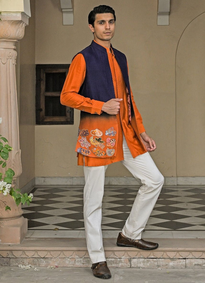 Juhi Bengani - Men Orange Silk Kurta Pants Set with Shaded BundiFabilicious Fashion