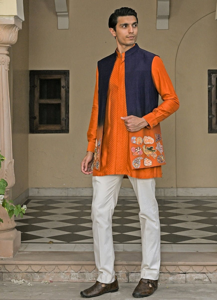 Juhi Bengani - Men Orange Silk Kurta Pants Set with Shaded BundiFabilicious Fashion