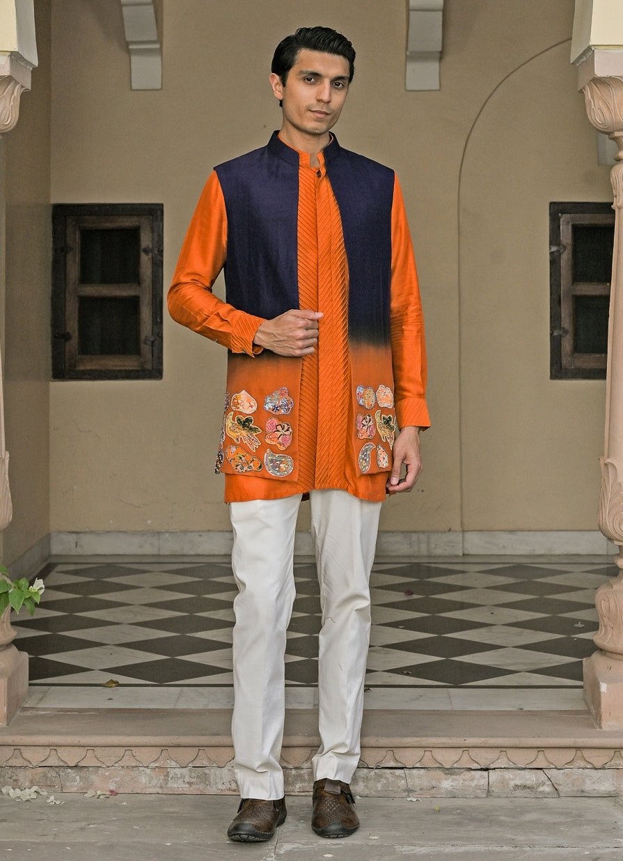 Orange Silk Kurta Pants Set with Shaded Bundi Juhi Bengani - Men - Fabilicious Fashion