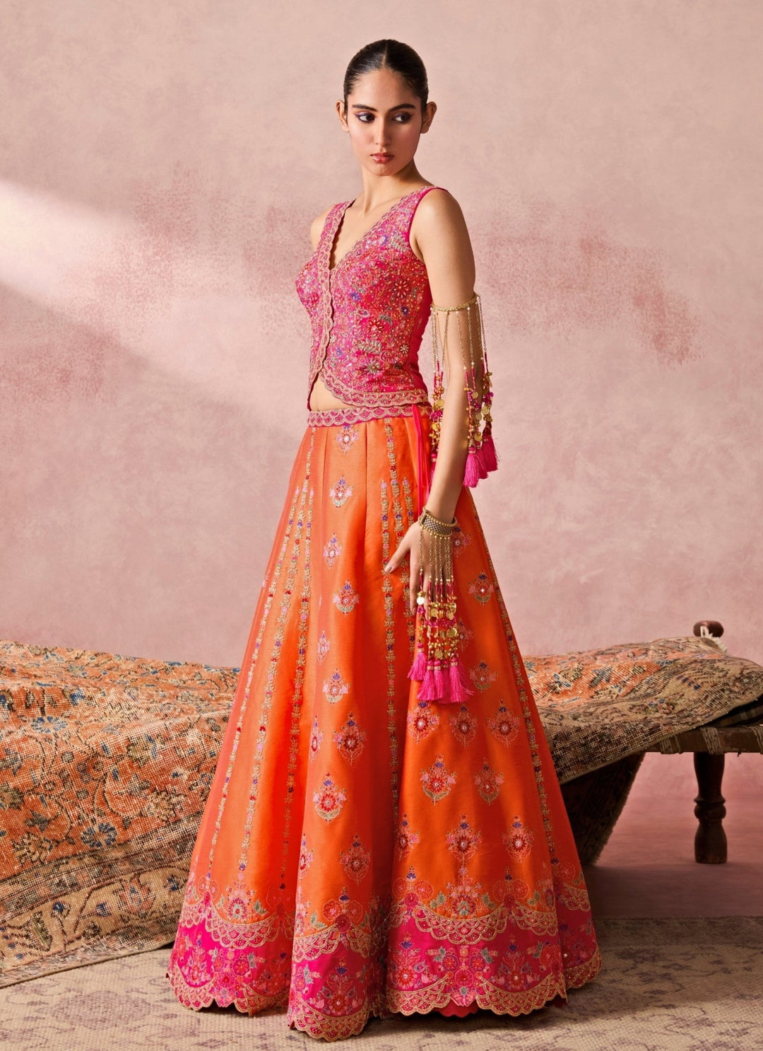 Chamee And Palak Orange Silk Lehenga Set With Pink VestFabilicious Fashion