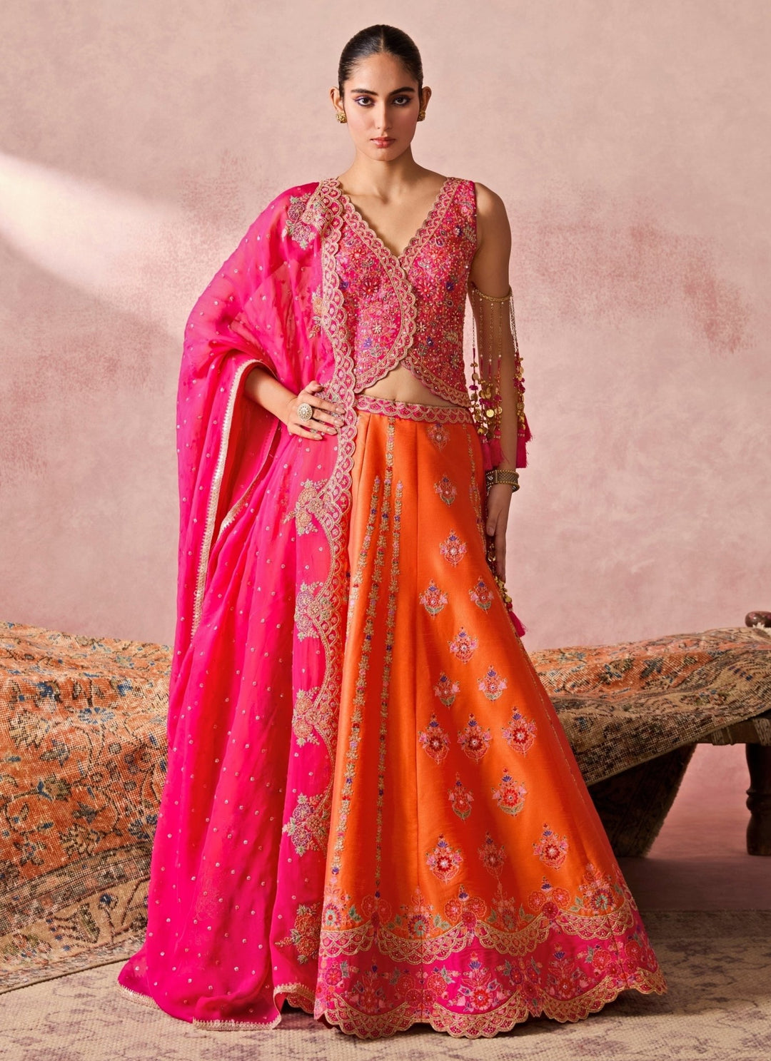 Chamee And Palak Orange Silk Lehenga Set With Pink VestFabilicious Fashion