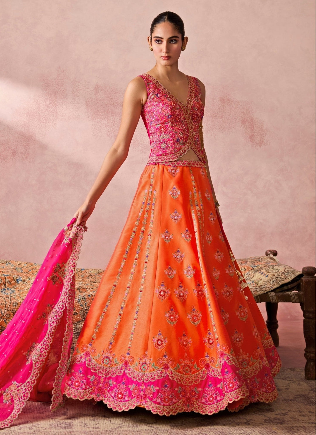 Chamee And Palak Orange Silk Lehenga Set With Pink VestFabilicious Fashion