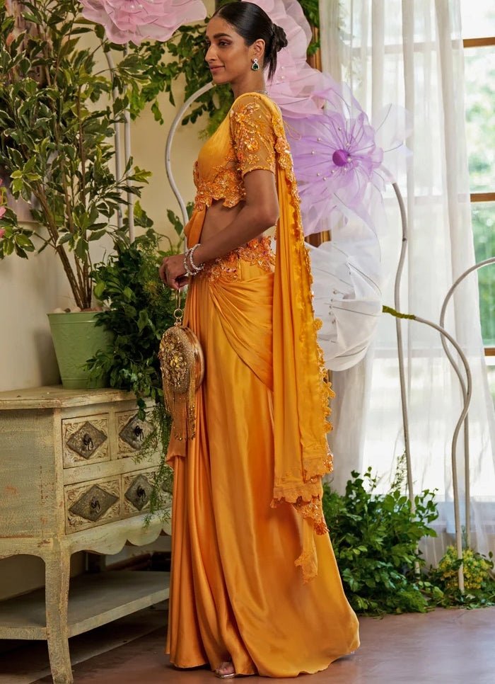Orange Silk Satin Pre - draped Saree Set Moledro - Fabilicious Fashion