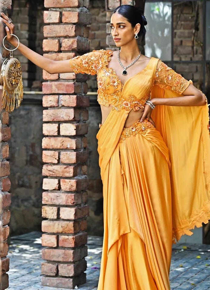Orange Silk Satin Pre - draped Saree Set Moledro - Fabilicious Fashion
