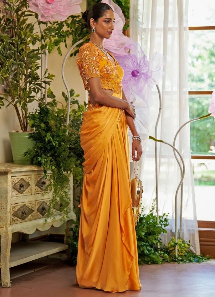 Orange Silk Satin Pre - draped Saree Set Moledro - Fabilicious Fashion