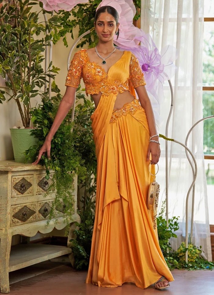 Orange Silk Satin Pre - draped Saree Set Moledro - Fabilicious Fashion