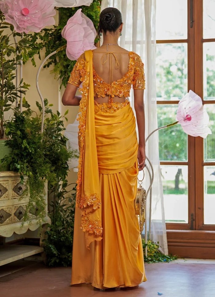 Orange Silk Satin Pre - draped Saree Set Moledro - Fabilicious Fashion
