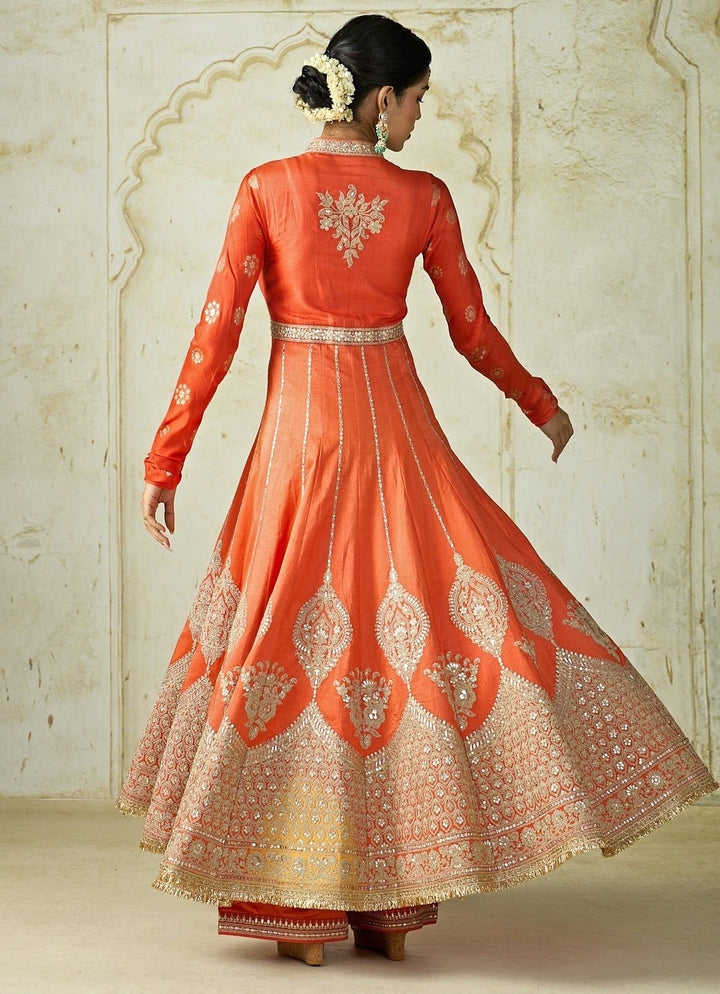 Gopi Vaid Orange Tussar Anarkali Jacket Palazzo SetFabilicious Fashion
