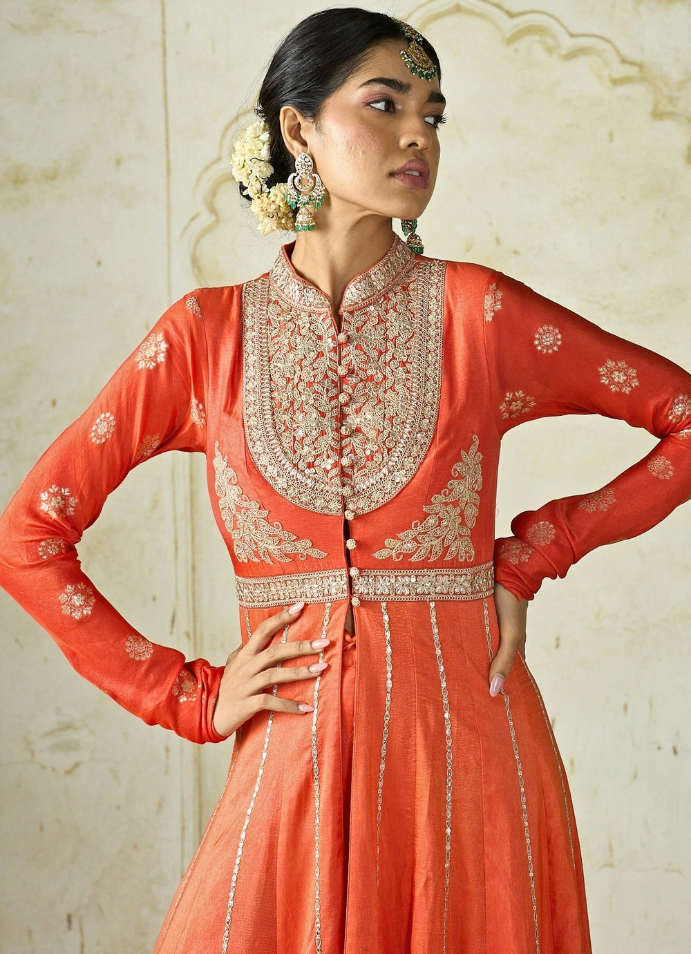 Gopi Vaid Orange Tussar Anarkali Jacket Palazzo SetFabilicious Fashion