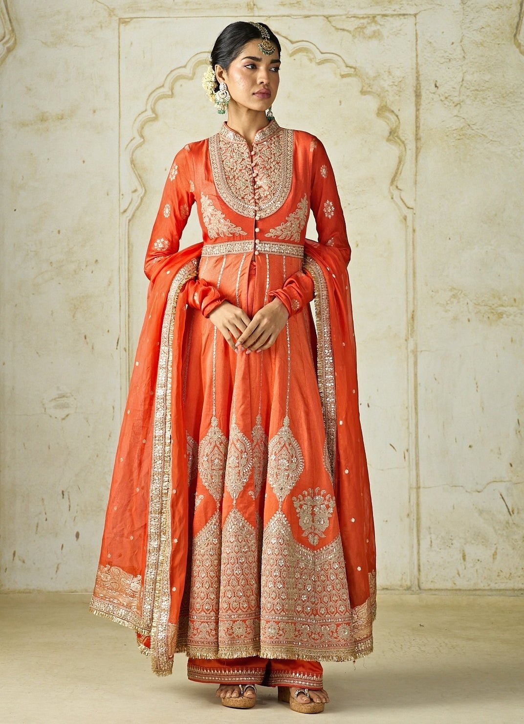Gopi Vaid Orange Tussar Anarkali Jacket Palazzo SetFabilicious Fashion